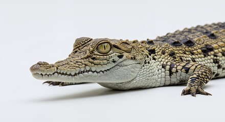 Obraz premium Young Crocodile Close-Up: Yellow-Brown Scales on White Background