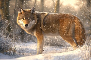 Naklejka premium Wolf walking gracefully through a snowy landscape, its fur glistening under soft winter light, symbolizing survival, resilience and the quiet strength of nature