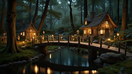 A charming village nestled in the woods features cottages with glowing windows and a wooden bridge illuminated by lanterns at dusk by a serene river