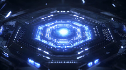 Futuristic Technology Tunnel with Glowing Neon Lights and Circuit Board Patterns