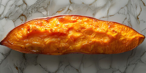 A close-up of a delicious organic sweet potato with earthy tones. A horizontal shot highlighting its natural texture and rustic simplicity. Perfect for food magazines and culinary inspiration.