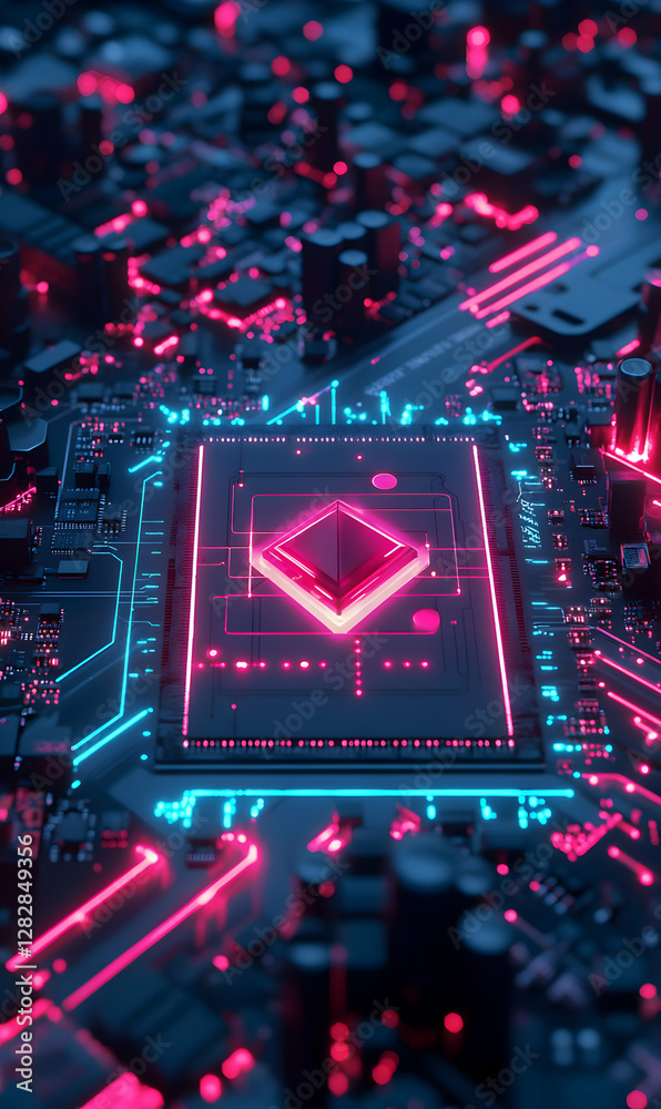 Poster abstract rendering of computer motherboard with glowing neon circuits, futuristic design
