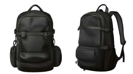 Versatile black backpack showcase urban setting product photography transparent background png format