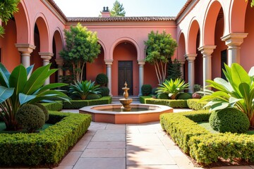 Serene Mediterranean Courtyard Featuring Lush Greenery, Vibrant Terracotta Walls, and a Central Fountain Surrounded by Neatly Trimmed Hedges in a Sunlit Setting