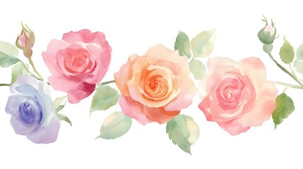 a watercolor painting of climbing roses on a solid bright white background, Generative AI