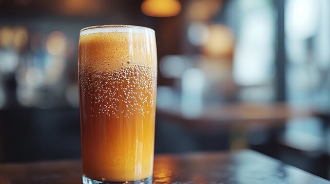 gourmet cold brew coffee with nitro infused frothy texture and cascading bubbles served in tall glass against contemporary cafe interior