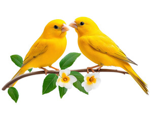Bright yellow birds on branch isolated on transparent background