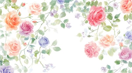 a watercolor painting of climbing roses on a solid bright white background, Generative AI