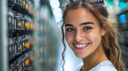 happy female IT engineer standing in server room proud of her role in cybersecurity update managing system administration networking and cloud computing for data security