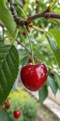 Cherry hanging from tree branch with lush green leaves.
