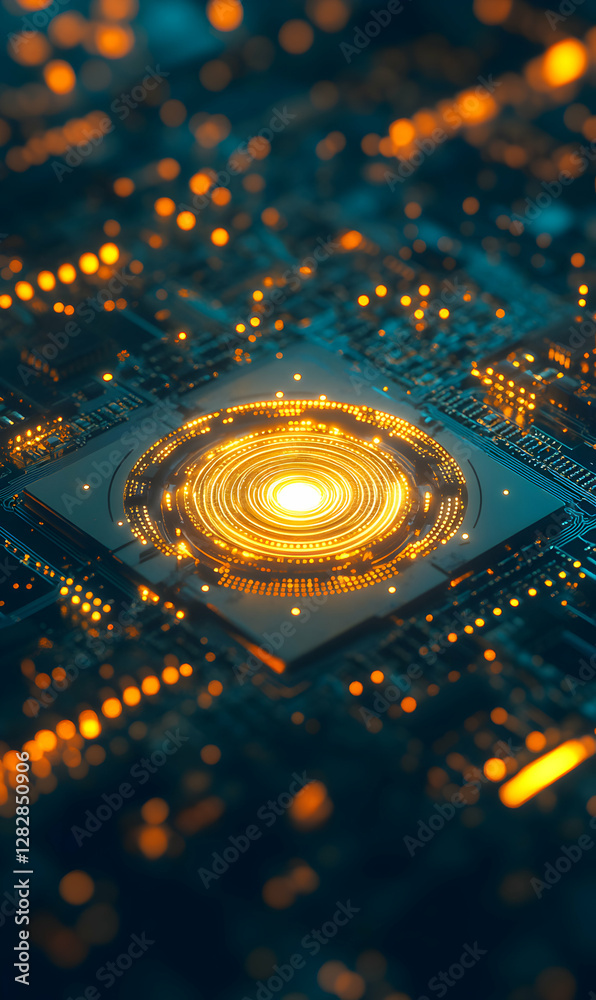 Poster futuristic microchip with glowing core, advanced technology and quantum computing concept