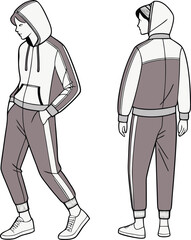 Loungewear Set Technical Fashion Illustration. Hoodie jacket Paired with Jogger Pants Featuring Elastic Waistband and Garterized Ankles vector fashion template. Unisex Activewear. CAD Mockup vector 