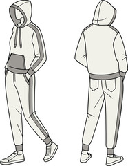 Loungewear Set Technical Fashion Illustration. Hoodie jacket Paired with Jogger Pants Featuring Elastic Waistband and Garterized Ankles vector fashion template. Unisex Activewear. CAD Mockup vector 