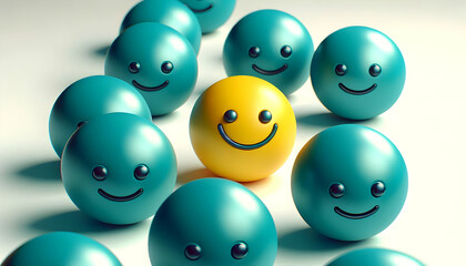 Rating A collection of teal round objects with smiley faces, with a single yellow object in the center that3