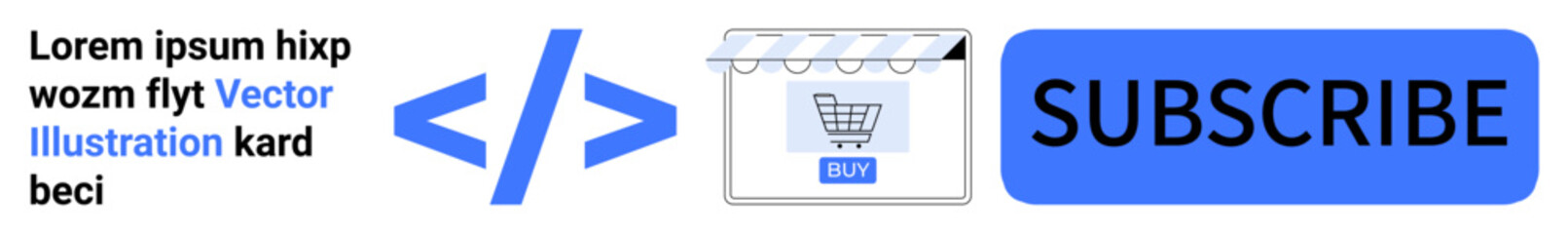 Blue rectangular subscribe button, code brackets, text, and shopping cart icon in storefront. Ideal for e-commerce, web development, technology, subscription services, online shopping digital