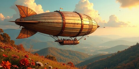 A majestic vintage airship soars gracefully above a vibrant autumnal landscape, carrying passengers on an unforgettable journey through picturesque hills and valleys at sunset.