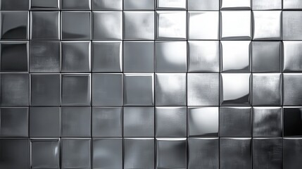 A sleek grid of rectangular geometric metal tiles, each polished to a mirror sheen, forms a striking background, its metallic texture reflecting light and creating a modern, minimalist aesthetic.