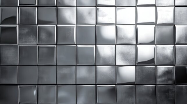 A sleek grid of rectangular geometric metal tiles, each polished to a mirror sheen, forms a striking background, its metallic texture reflecting light and creating a modern, minimalist aesthetic.
