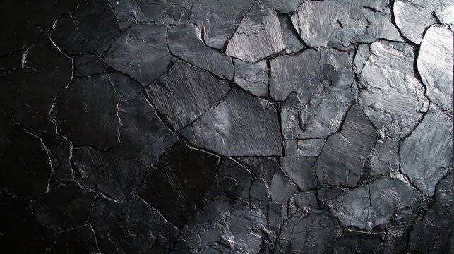 A textured canvas of cracked black rock, where fragments of gray stone slate, like brushstrokes of charcoal, create an abstract symphony of depth and shadow.