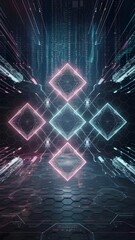 "Abstract Neon Argyle Grid: A Futuristic Cyberpunk Pattern with Glowing Holographic Diamonds, Digital Wireframes, Sci-Fi Glitch Effects, and AI Tech Aesthetics."