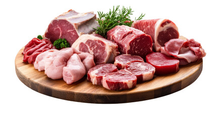 Obraz premium Fresh cuts of meat on wooden board transparent background png for culinary presentations