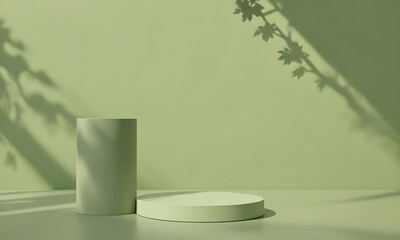 Minimalist 3D rendering product display platform. Simple, clean podium, display, clean and tone on tone background. Green, plants Minimal empty green  room background. Modern studio