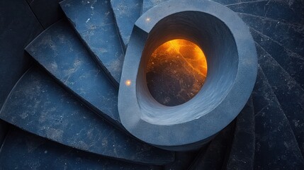 Glowing spiral staircase, modern building, night
