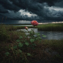 A wilting rose in dark grass, with storm clouds over a turbulent lake.