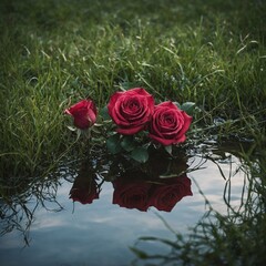 A pair of intertwined roses in grass, symbolizing love, with a heart-shaped reflection on the water.