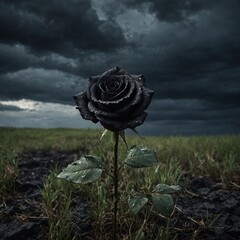 A single black rose in charred grass, standing before a dark stormy sea.