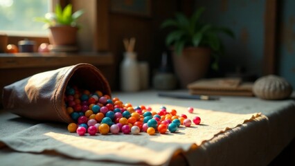 Sunlit Spill of Colorful Spheres from a Rustic Leather Pouch on a Linen-Covered Surface