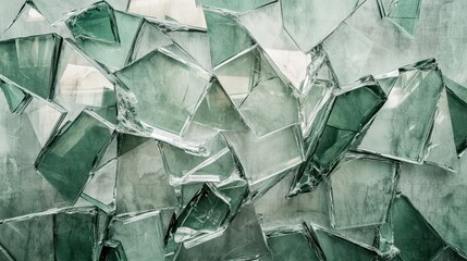 Obraz premium A top-down view reveals an abstract canvas of shattered glass pieces, their jagged edges and sharp points forming dynamic, geometric shapes against a muted backdrop.