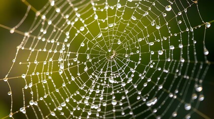 Fototapeta premium Photo Depicting Simple Nature Elements A Close-Up Of A Spider Web Glistening With Morning Dew, Showcasing Intricate Details And Textures, Using Soft Diffuse.