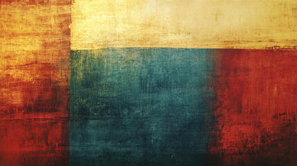 A textured abstract artwork with color blocks in the background