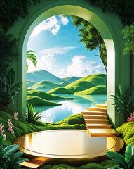 Dreamlike Gateway to a Lush Green World for skincare product background