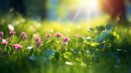 Fototapeta premium A field of pink flowers with green grass