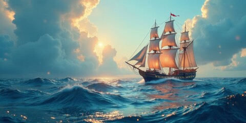 A majestic three-masted sailing ship navigates the vast ocean under a dramatic sunset sky, the waves gently lapping against its hull, a captivating scene of nautical adventure.