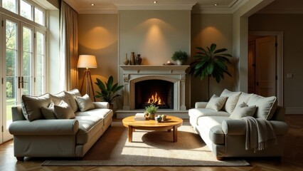 Relaxing living room interior with a fireplace and comfortable sofas