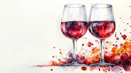 Elegant watercolor wine glasses with red wine and splashes, ideal for celebrations, menus, or romantic designs. Text space on left for branding.