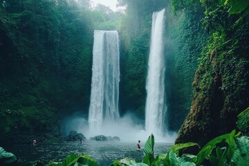 Twin waterfalls cascading, lush jungle, swimmers, travel poster