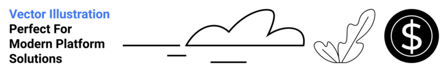 Black cloud, leaf, and dollar sign in minimal style with clean lines focus on technology, finance, and nature. Ideal for business, startups, finance, eco-conscious tech sustainability branding