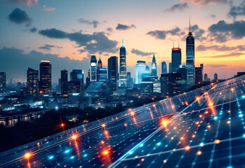 Fototapeta premium City skyline at night, reflective solar panels, sustainable energy focus, advanced urban design