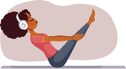 Exercising Woman in Boat Vector Cartoon Illustration. Carefree girl doing Pilates while listening to music 