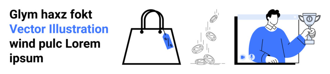 Shopping bag with tag symbolizes purchases, falling coins represent financial rewards, character holding trophy reflects achievements. Ideal for e-commerce, finance, motivation, success, retail