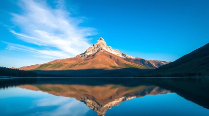 Fototapeta premium Photo Featuring Simple Nature Elements A Majestic Mountain Peak Reflecting In A Serene Lake, Clear Blue Sky, Vibrant And Rich Color Palette, Sharp Focus, Re.