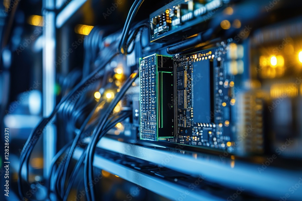 Poster exploring circuit boards: close-up view of complex electronics and intricate components, illuminatin