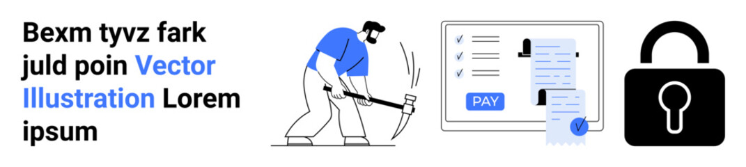 Worker using a pickaxe mining digital data, payment UI with lists and pay button, large secure lock icon. Ideal for cybersecurity, hacking, data analysis, online payments, fraud prevention, software