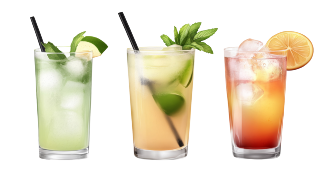 Refreshing cocktails on a transparent background png format summer vibes bar setting high-quality beverage images