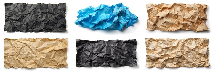 A variety of torn pieces of paper, including some that are blue, black, and yellow. The different colors and textures of the paper create a sense of chaos and disorder