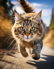 Obraz premium 背景に動きのあるぼかし効果を用いて、疾走感あふれる猫の瞬間を捉えたシーン